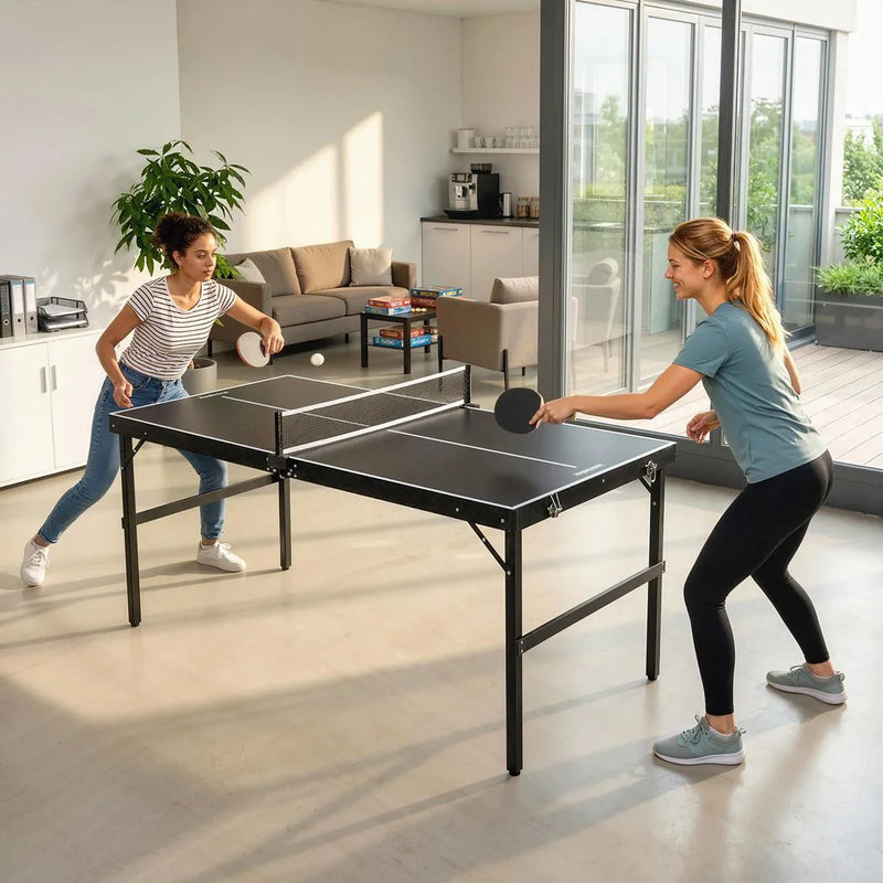SPORTNOW 5ft Mini Table Tennis Table, Folding Ping Pong Table with Net and Aluminium Frame, Portable Ping Pong Game Set for Indoor Outdoor Use, Black