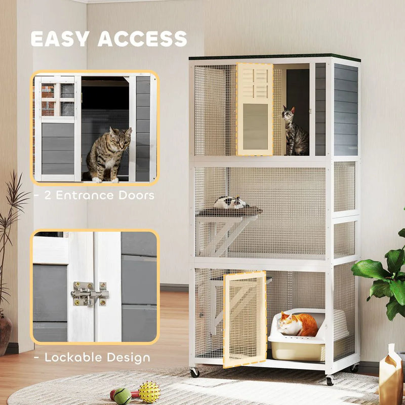 PawHut Wooden Catio Cat Outdoor Enclosure, Cat Cage with Waterproof Roof, Platforms, for Multiple Cats, White