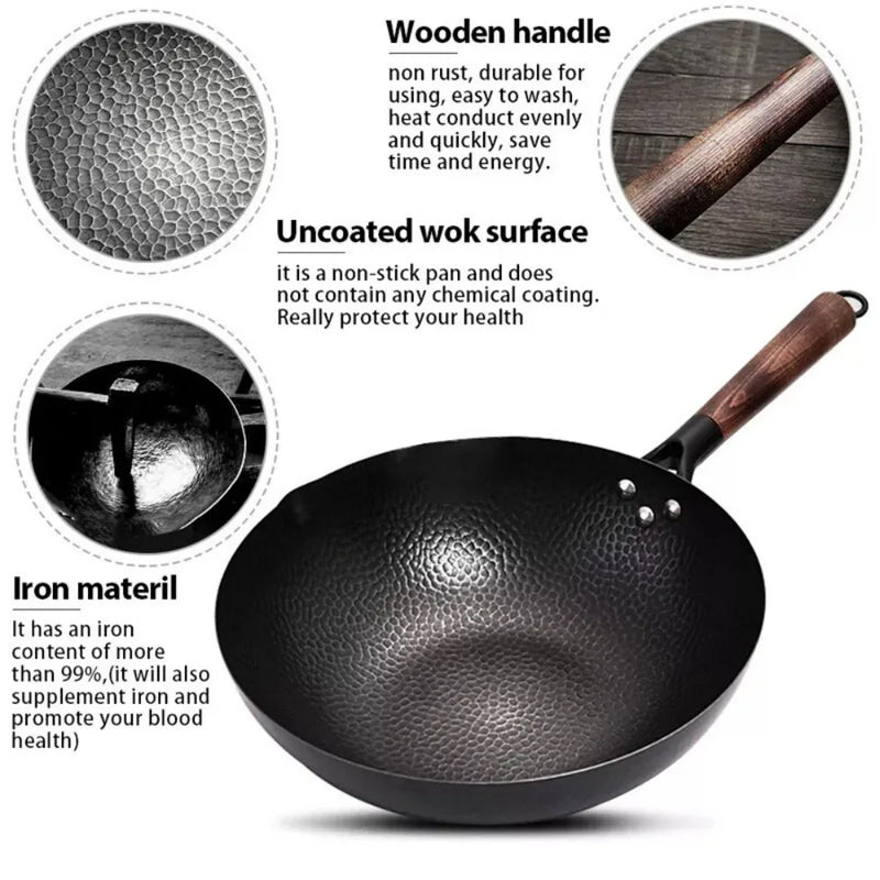 32CM Household Pure Iron Wok Non Coated Cast Iron Pan for Gas Induction Cookers~