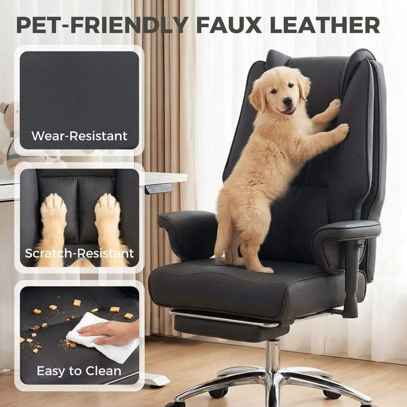HOMCOM Executive Office Chair, Reclining Desk Chair with Footrest, Adjustable Armrests, Pet Friendly Faux Leather, Black