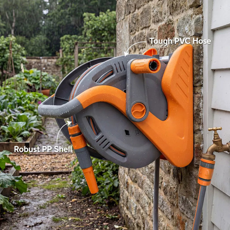 Outsunny Portable Garden Hose Reel, 20 m Wall Mounted Hose Reel with 2 Patterns Spray Nozzle and Crank Handle, Orange