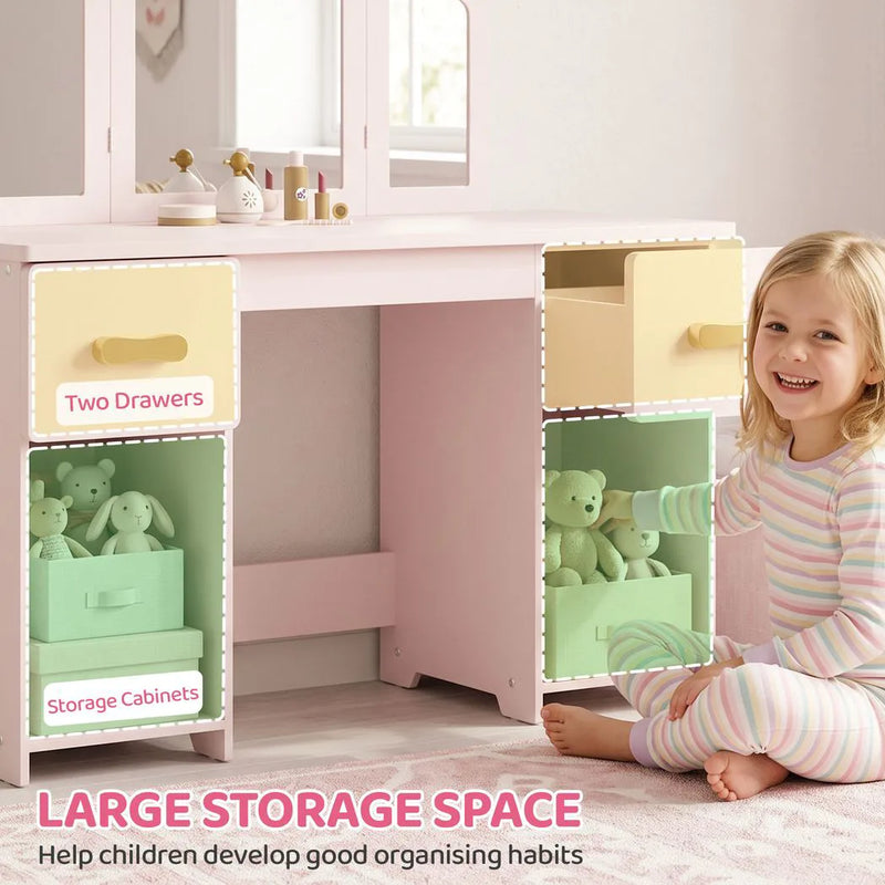 AIYAPLAY Kids Dressing Table, Kids Vanity Table and Chair Set with Tri-Folding Mirror, 2 Drawers, 2 Cabinets for Girls 3, Pink