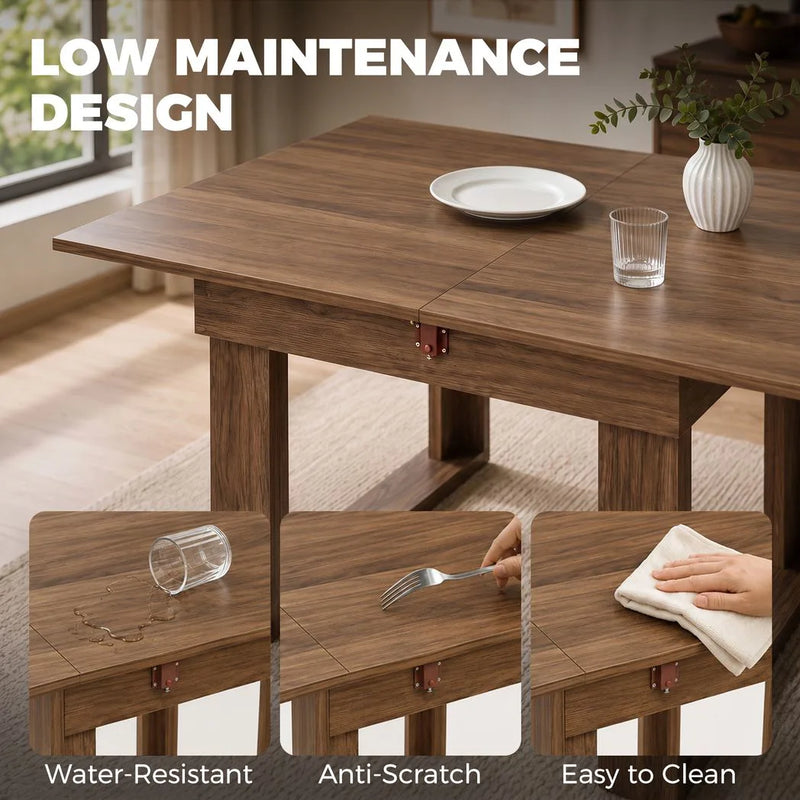 HOMCOM Folding Dining Table Under-Table Storage Extendable Kitchen Table Steel Rail Grey Wood Effect