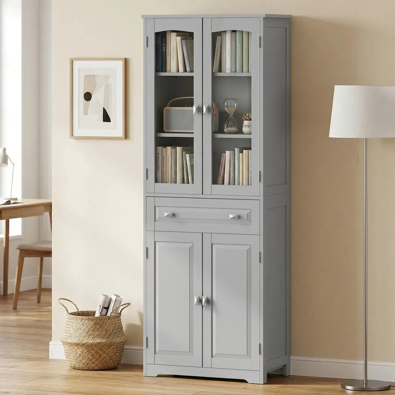 HOMCOM Freestanding Kitchen Cupboard, Storage Cabinet with 2 Adjustable Shelves, Drawer and Glass Door for Living Room, Grey