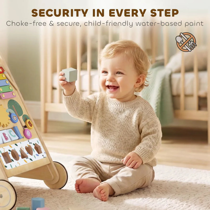 AIYAPLAY Wooden Baby Walker, Toddler Push Along Walker with Speed Control, Activity Centre and 5 Blocks for 18 Months, Natural