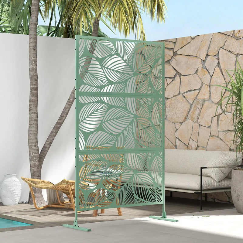 Outsunny Metal Decorative Privacy Screen Outdoor Divider, Green Leaf