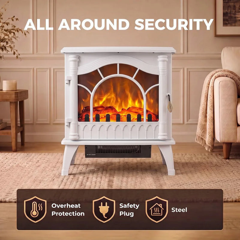 HOMCOM 3-Sided Glass Electric Fire Fan Heater, Electric Fireplace Stove Freestanding Log Burner with Flame Effect, White