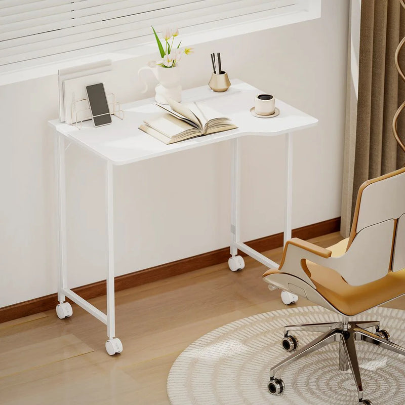 HOMCOM Small Folding Desk, with Wheels - White Wood-Effect