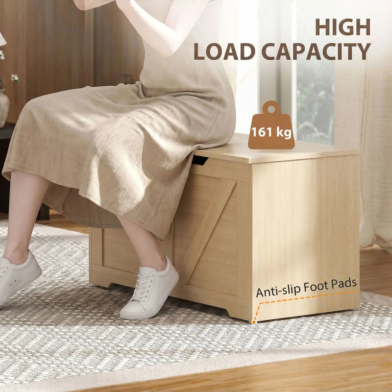 HOMCOM 100L Home Storage Box, with Safety Hinge - Nature Wood Finish