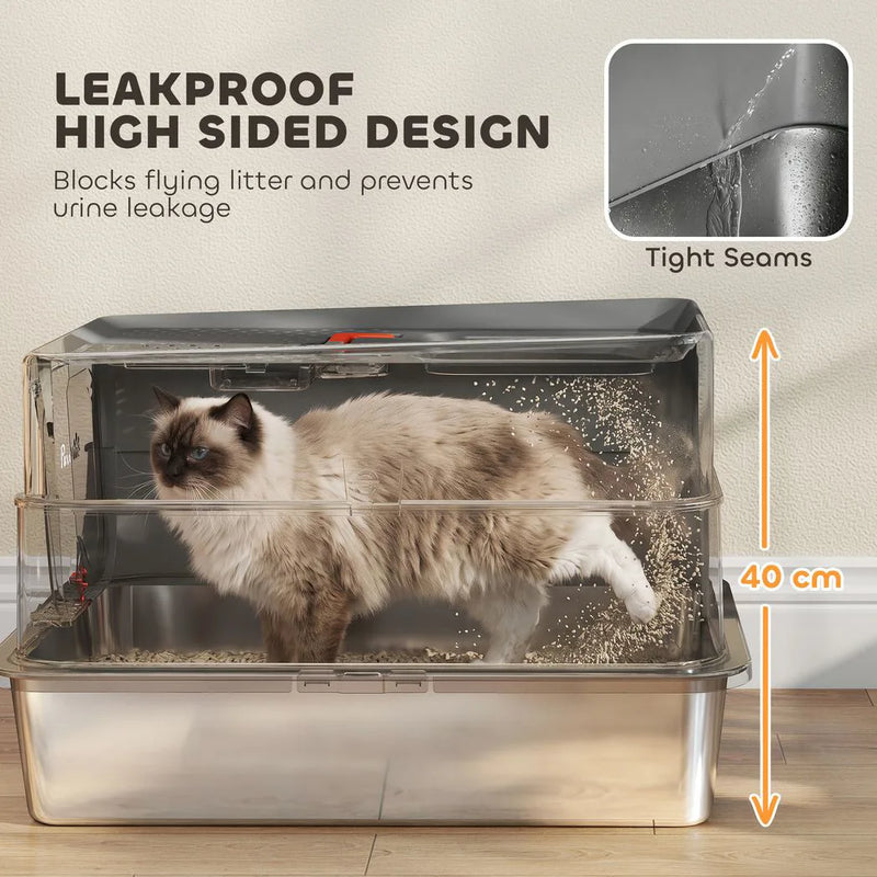 PawHut Stainless Steel Cat Litter Tray with Lid, XL 90L Enclosed Cat Litter Box with Step, Scoop, High Side, Dark Grey