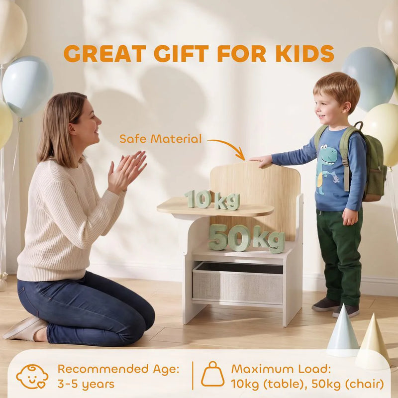 AIYAPLAY Kids Table and Chair Set, Children Desk and Chair with Storage Bins for Playing, Reading, Painting, for Ages 3-5, White