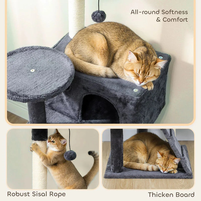 PawHut 160cm Large Cat Tree Tower with Sisal Scratching Posts, Condos, Plush Perches, Hammock, Ladder, Dark Grey