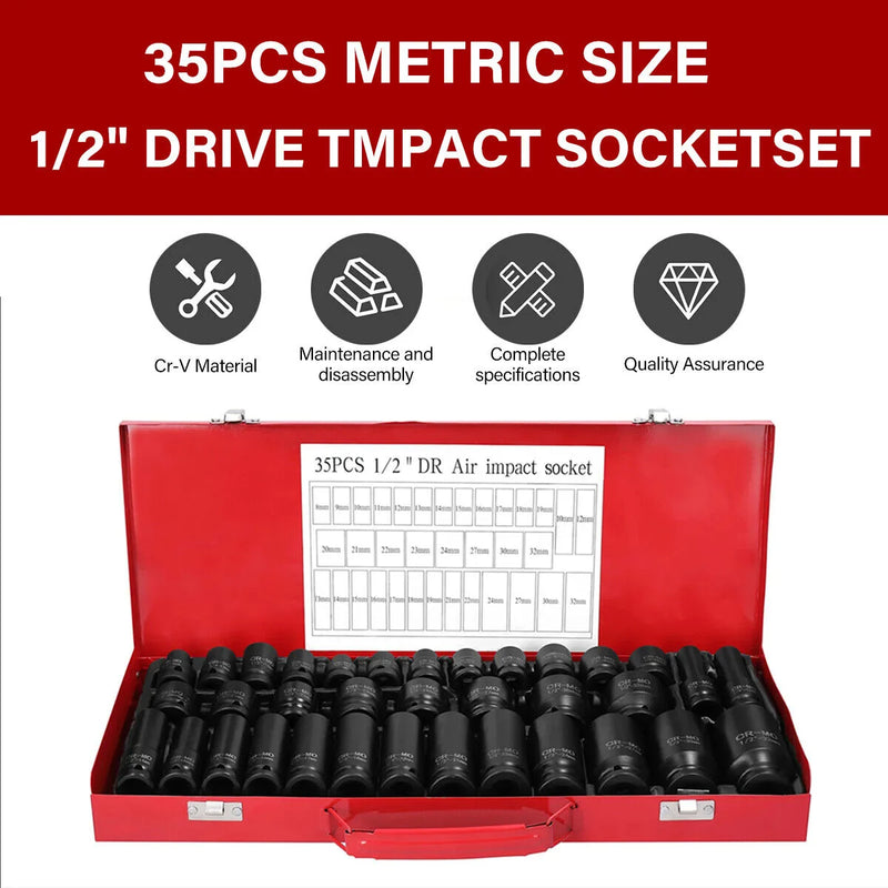 35PCS 1/2" 8-32mm Metric Drive Deep Impact Socket Tool Set Garage Chrome Steel