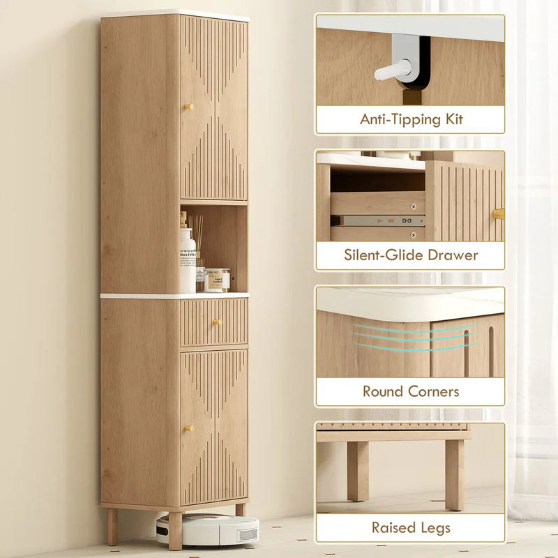 HOMCOM Slim Bathroom Cabinet with Silent Drawer Rail for Scandinavian, Japanese Styles - Wood-Effect