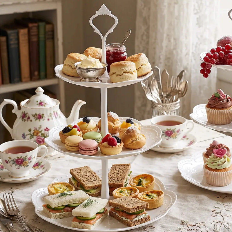 2PCS 3 Tier Cake Stand Afternoon Tea Wedding Plates Party Embossed Tableware-Cherry blossom
