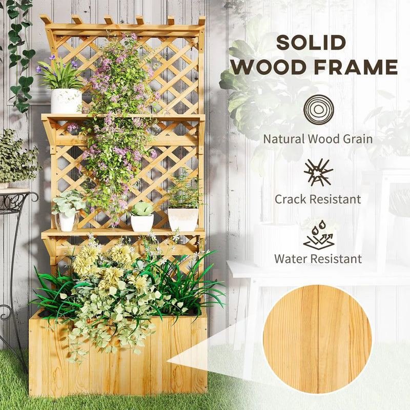Outsunny 52L Wooden Planter, with Trellis and Shelves - Natural Finish