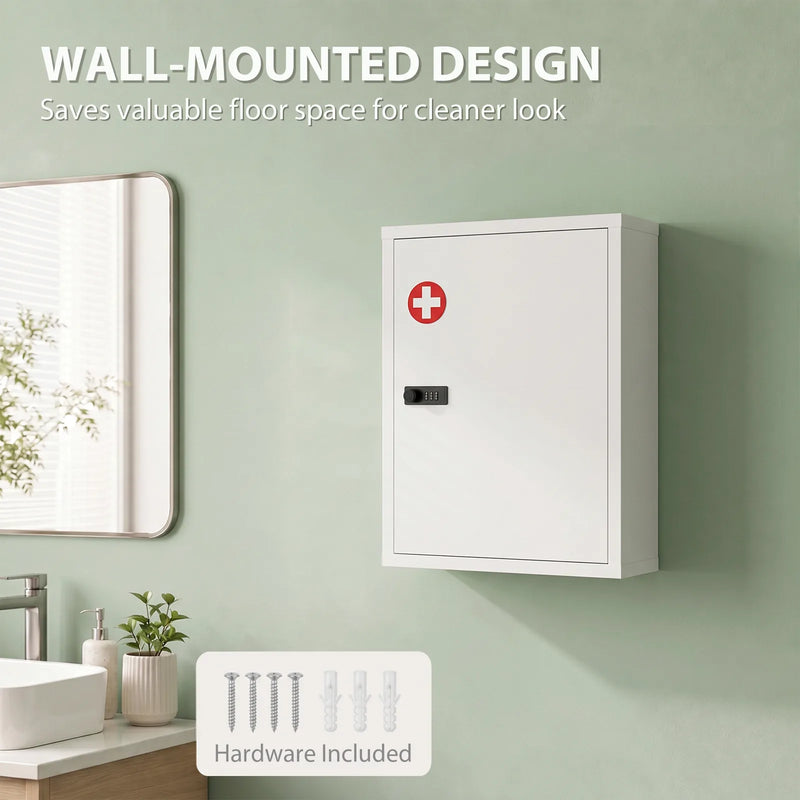 HOMCOM Wall Mount Medicine Cabinet, Bathroom Cabinet with Combination Lock, Door and Storage Shelves, White