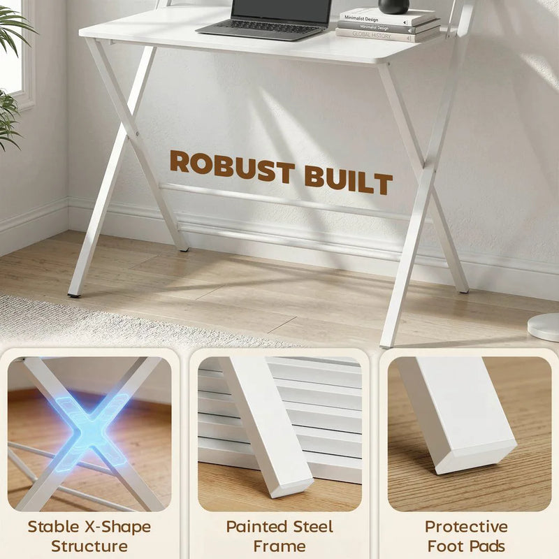 HOMCOM Compact Folding Desk for Small Spaces with Storage Shelf for Home Office, White
