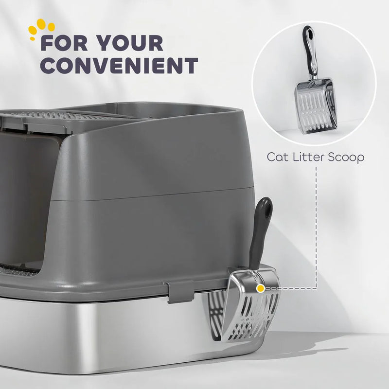 PawHut Large Stainless Steel Litter Box, Enclosed Metal Cat Litter Tray with Scoop, Deodoriser Bag, Front-Entry and Top-Exit