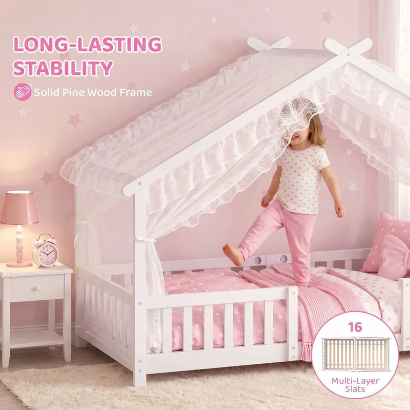 AIYAPLAY Wooden Kids House Single Bed Frame, Solid Pine Wood Toddler Bed with Dual Guardrails for Children, Boys, Girls, White