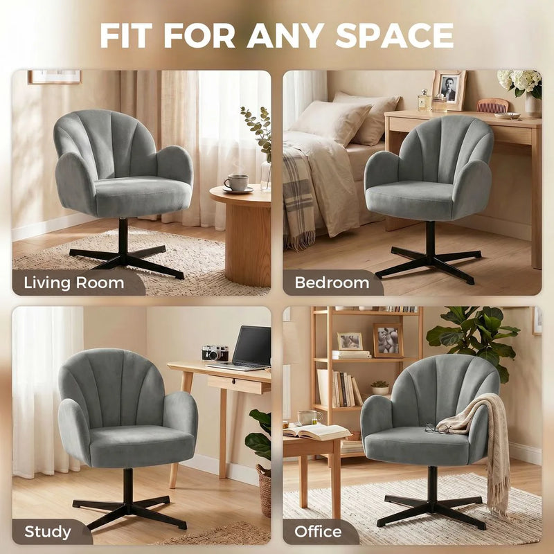 HOMCOM Swivel Accent Chair, Shell-Shaped Armchair with Spring Cushion, Metal Base, Grey