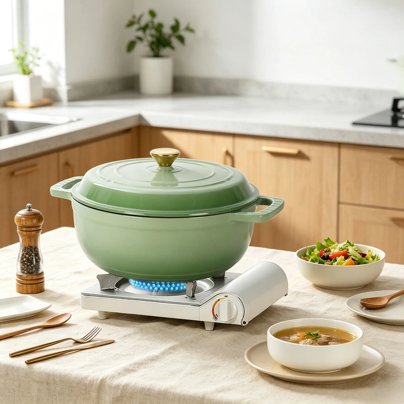 Cast iron 6QT cooking pot - Gradient red - Includes two silicone gloves - Enamel pot