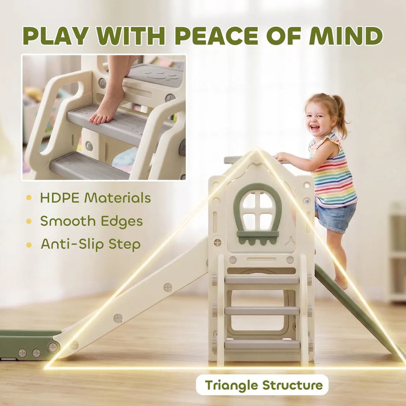AIYAPLAY Foldable 5 in 1 Toddler Slide with Ladder, Climbing Wall, Basketball Hoop, Storage and Basketball for 1-3 Years, Cream