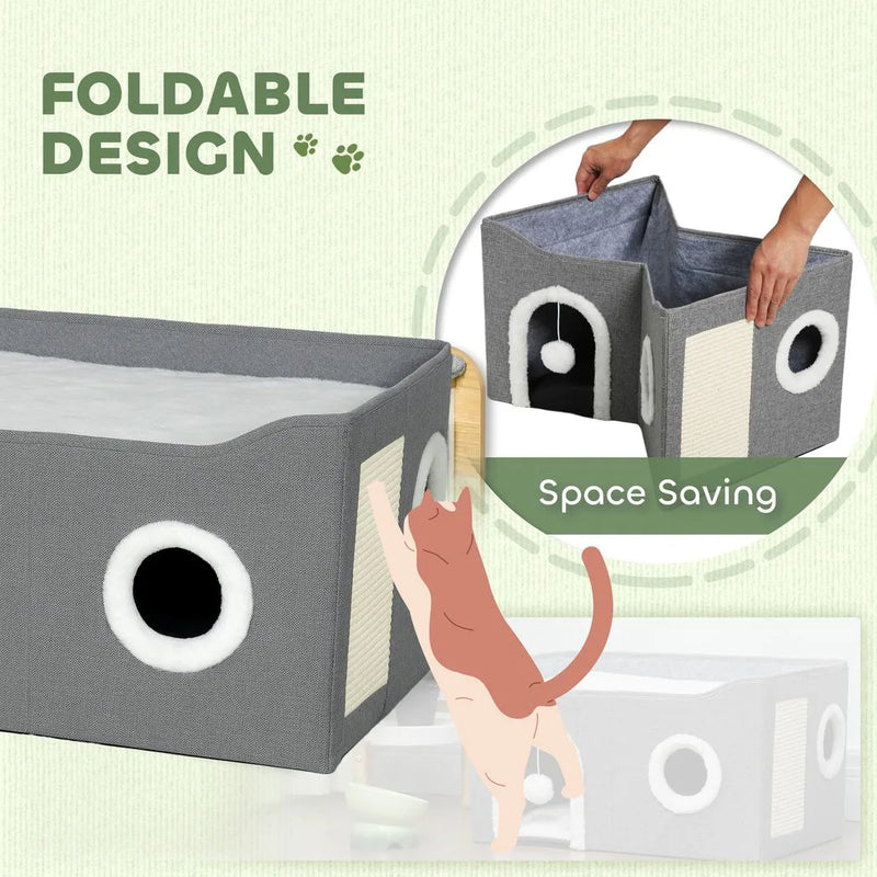 PawHut Cat Bed for Indoor Pets, Foldable Cat House with Fluffy Ball and Scratch Pad for Small and Medium Pets, Grey