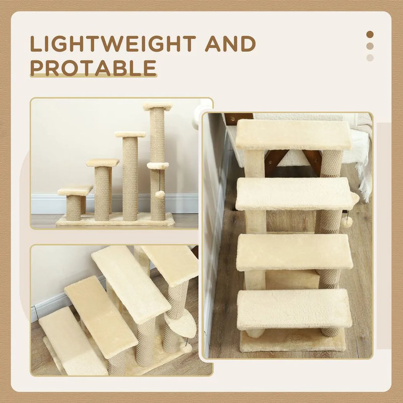 PawHut 4-step Pet Stairs with Scratching Posts, Platforms, Toy Ball, Beige