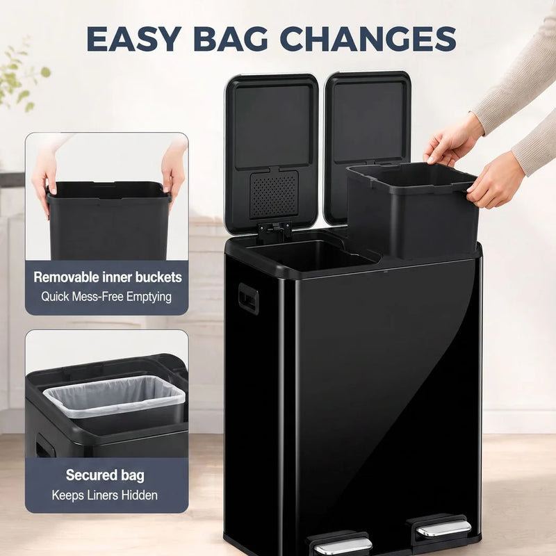HOMCOM 2 x 30L Double Kitchen Bin, Stainless Steel Pedal Rubbish Bin with Dual Compartments, Soft Close Lids, High Gloss Black