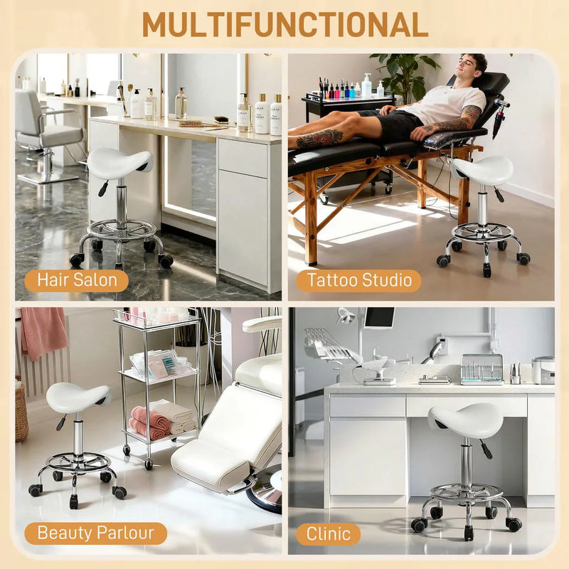 HOMCOM Salon Saddle Stool, Rolling Saddle Chair for Massage, Spa, Clinic, Beauty, Hairdressing and Tattoo, White
