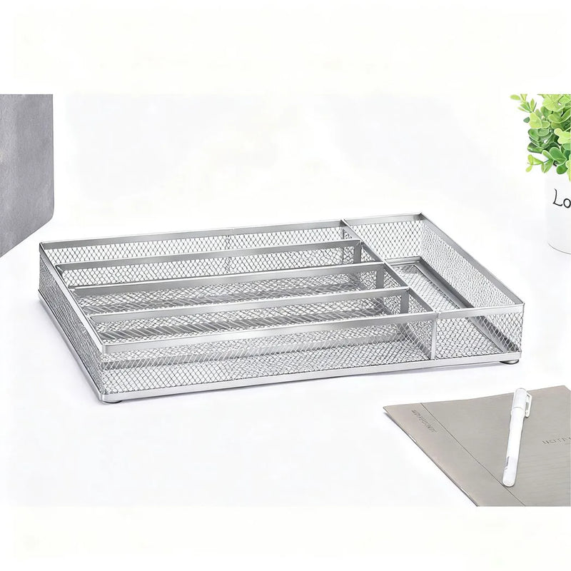 Kitchen Cutlery Drawer Organizer Carbon Steel Flatware Storage Divider with Anti Slip Foam Pads for Spoons Forks Stationery Silver