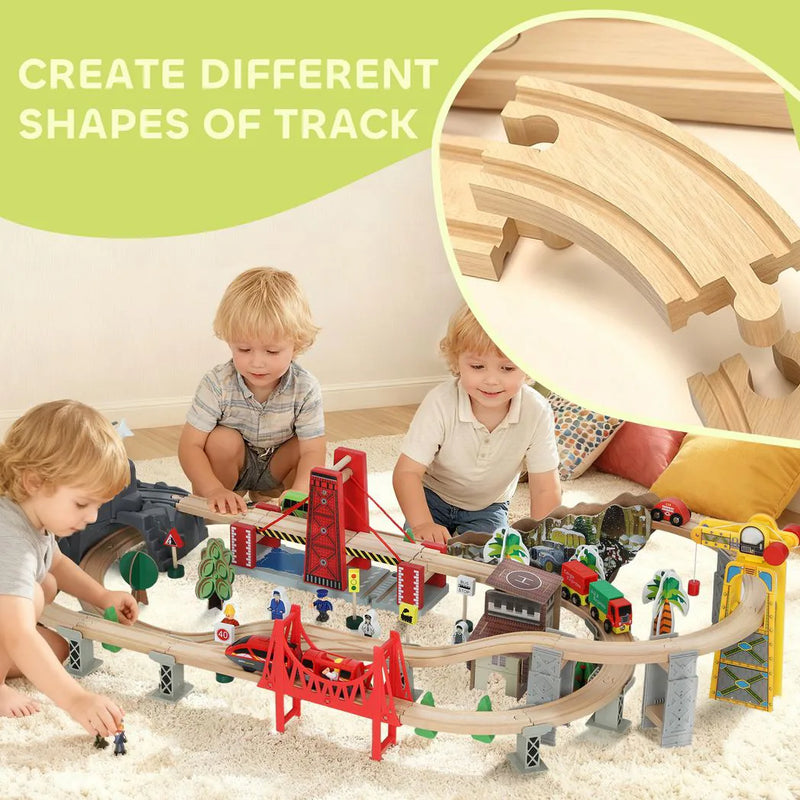 AIYAPLAY 100 Piece Wooden Train Set for Kids 3 Years with Track, Crane, Battery Operated Train
