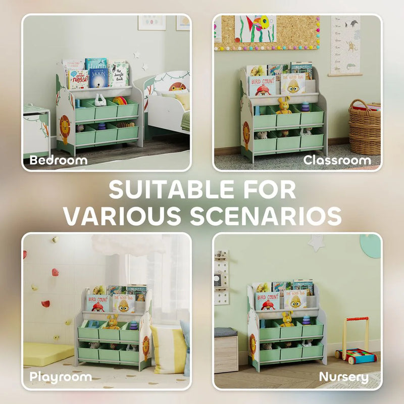 AIYAPLAY Kids Storage Unit, Toy Organiser with 6 Fabric Drawers and 2-Tier Sling Book Rack for Bedroom, Playroom, Nursery, Green