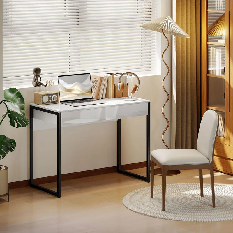 HOMCOM High Gloss Work Table, with Drawers - White