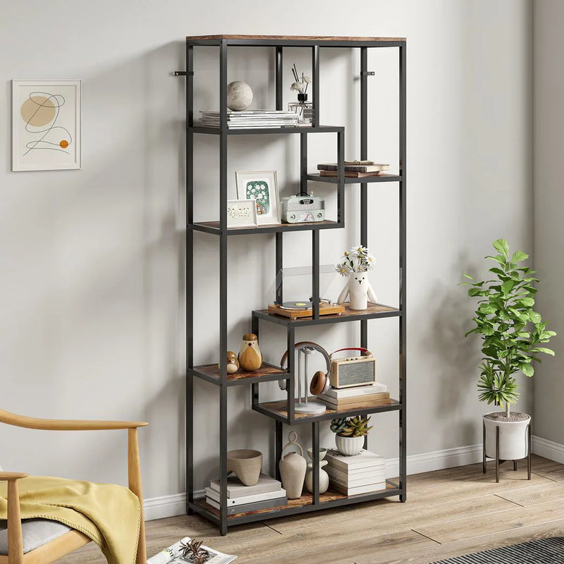 HOMCOM Seven-Tier Geometric Bookcase - Brown/Black