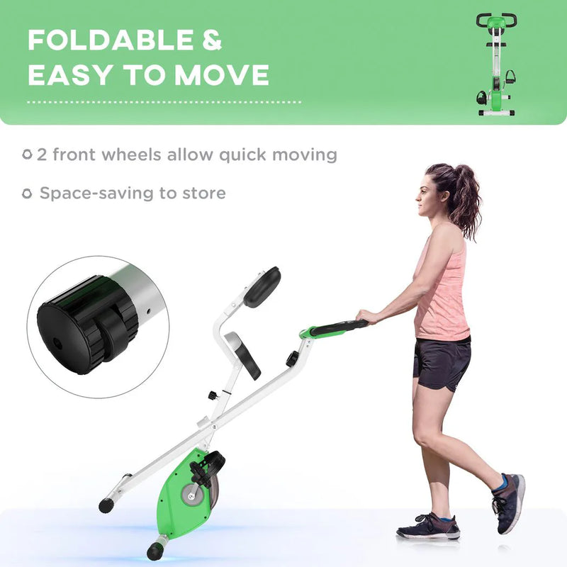 HOMCOM Folding Exercise Bike, Fitness Bicycle Indoor Trainer, Quiet 8-Level Magnetic Resistance, with LCD Monitor, Pulse Sensor and Wheels for Sport Maison and Cardio Training, Green