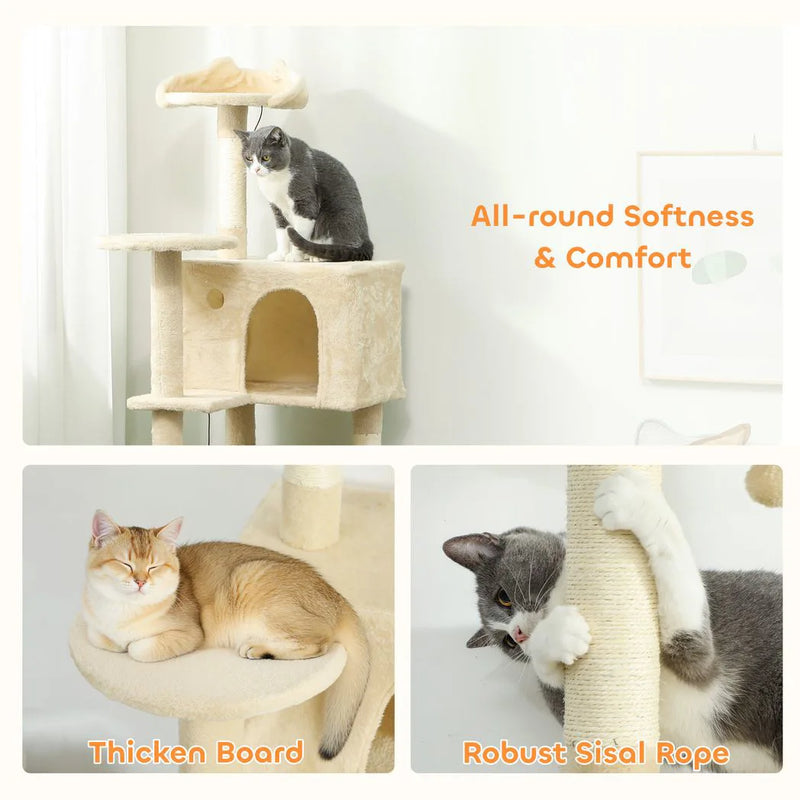 PawHut 140cm Large Cat Tree Tower with Sisal Scratching Posts, Plush Perches, Hammock, Beige
