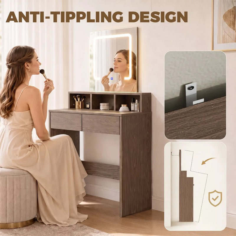 HOMCOM Vanity Table, Dressing Table with Mirror, LED Lights, 2 Drawers, 3 Compartments, 3 Colour Lighting, Walnut