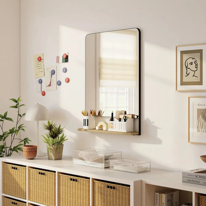 HOMCOM Wall Mirror with Wood Shelf - Black