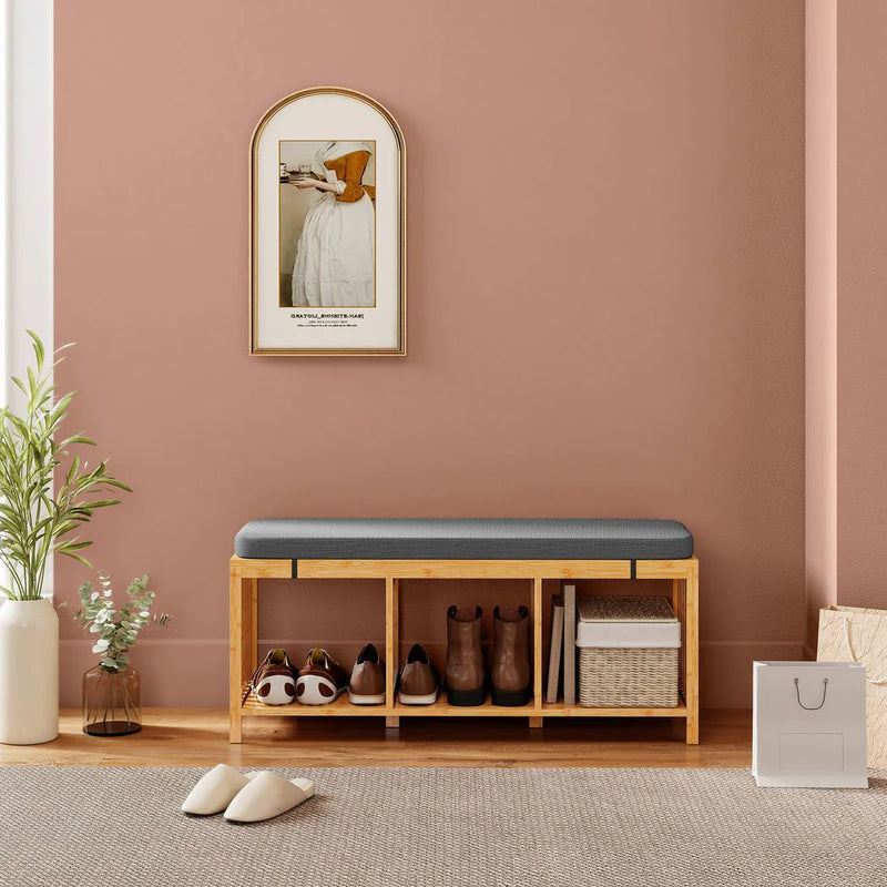 HOMCOM Bamboo Shoe Bench, Entryway Storage Bench with Padded Cushion and Open Shelf, Natural Wood Finish