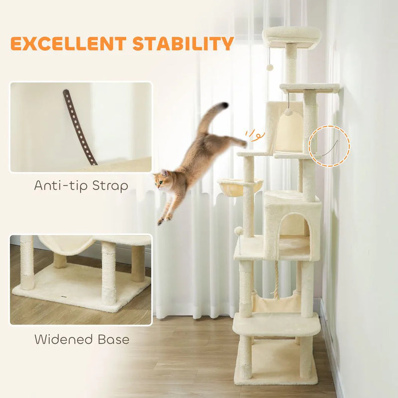 PawHut 202cm Cat Tree with 6 Scratching Posts, 2 Hammocks, 2 Condos, 2 Perches, Pompoms, for Cats to Rest and Play, Beige