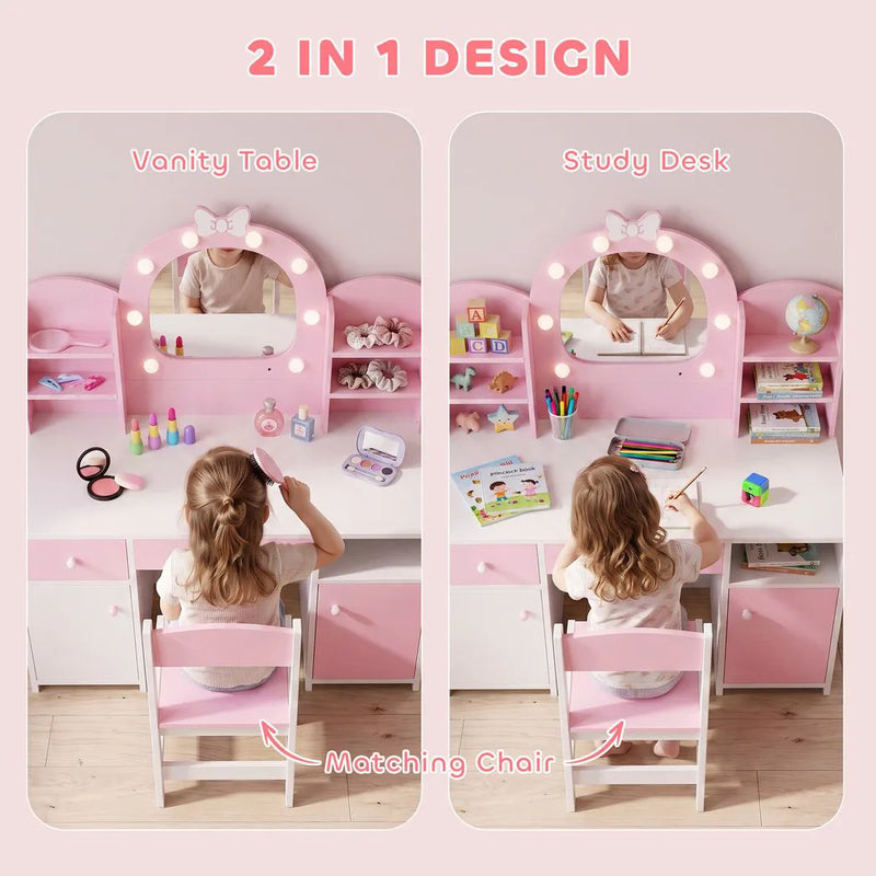 AIYAPLAY Kids Vanity Set, Kids Dressing Table with Stool, 2-Colour Lights Mirror, Cabinet, Drawer and Shelves, Pink