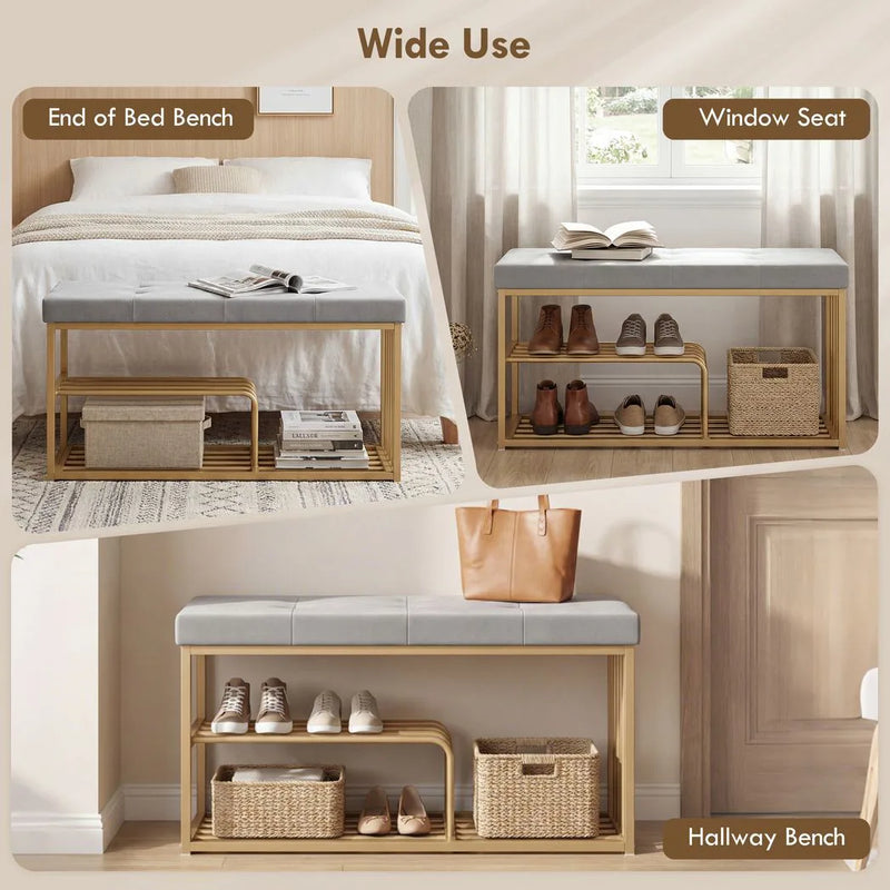 HOMCOM Bench and Shoe Storage, Tufted Shoe Storage Bench with Velvet Seat Cushion Gold Steel Frame for Entryway, Grey