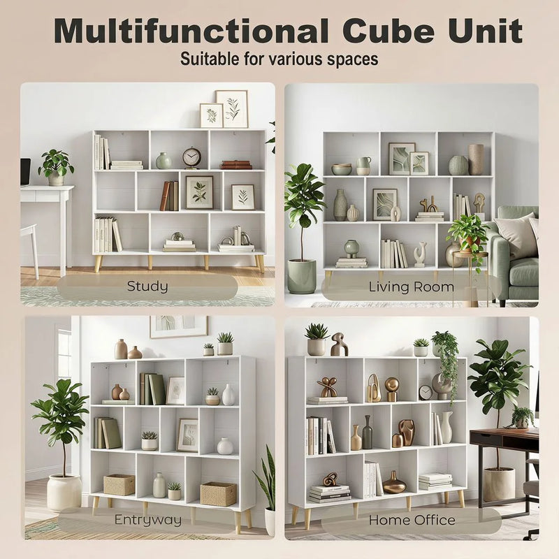 HOMCOM 10-Cube Bookcase, 3-Tier Book Shelf with Solid Wood Legs, 140 cm Modern Bookshelf with Anti-Tip Kit for Bedroom, White
