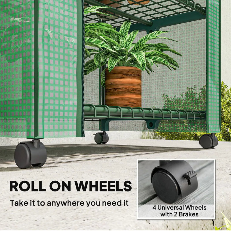 Outsunny 4 Tier Mini Portable Greenhouse Compact Plant Grow Shed Metal Frame PE Cover with Lockable Rolling Wheels , Green