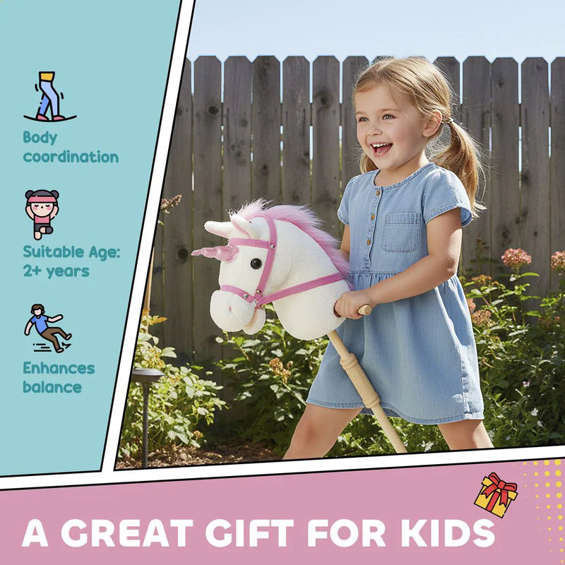 AIYAPLAY Unicorn Stick Horse with Wood Wheels, Real Pony Neighing and Galloping Sounds, Grip Handle, 95 cm, White