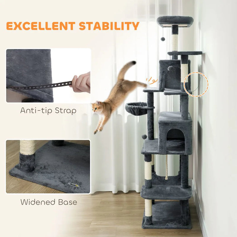 PawHut 202cm Large Cat Tree with 6 Scratching Posts, 2 Hammocks, 2 Condos, 2 Perches, Pompoms, for Indoor Cats to Rest and Play