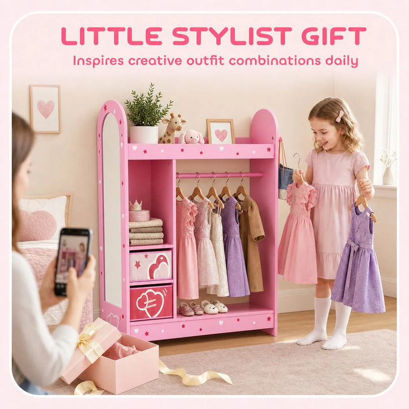 AIYAPLAY Kids Clothes Rail, Kids Wardrobe with Mirror, Shelves, Fabric Storage and Hooks for Bedroom, Nursery, Pink