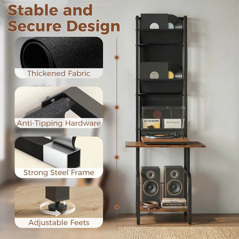 HOMCOM Vinyl Record Player Stand Record Storage with Player Stand Oxford Fabric Pockets Bottom Shelf Rustic Brown and Black
